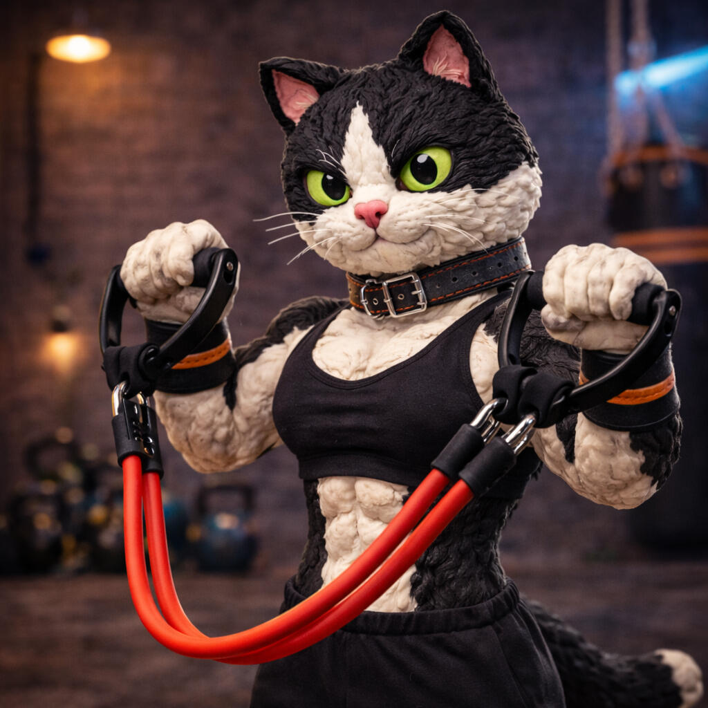 The Perfect Start — Resistance Bands for Beginners Strong black-and-white female cat using red resistance bands for a workout — best resistance bands for beginners